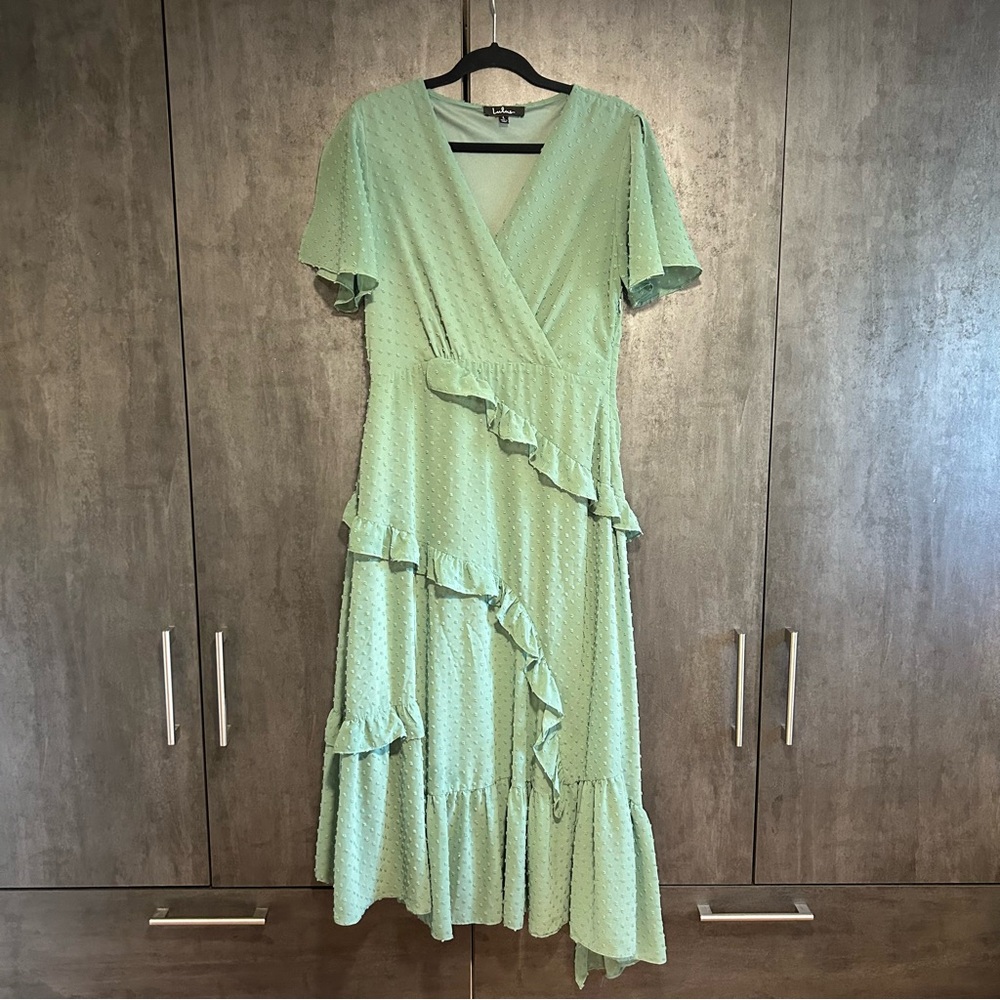 Lulu's Green Asymmetrical Ruffled Wrap Dress